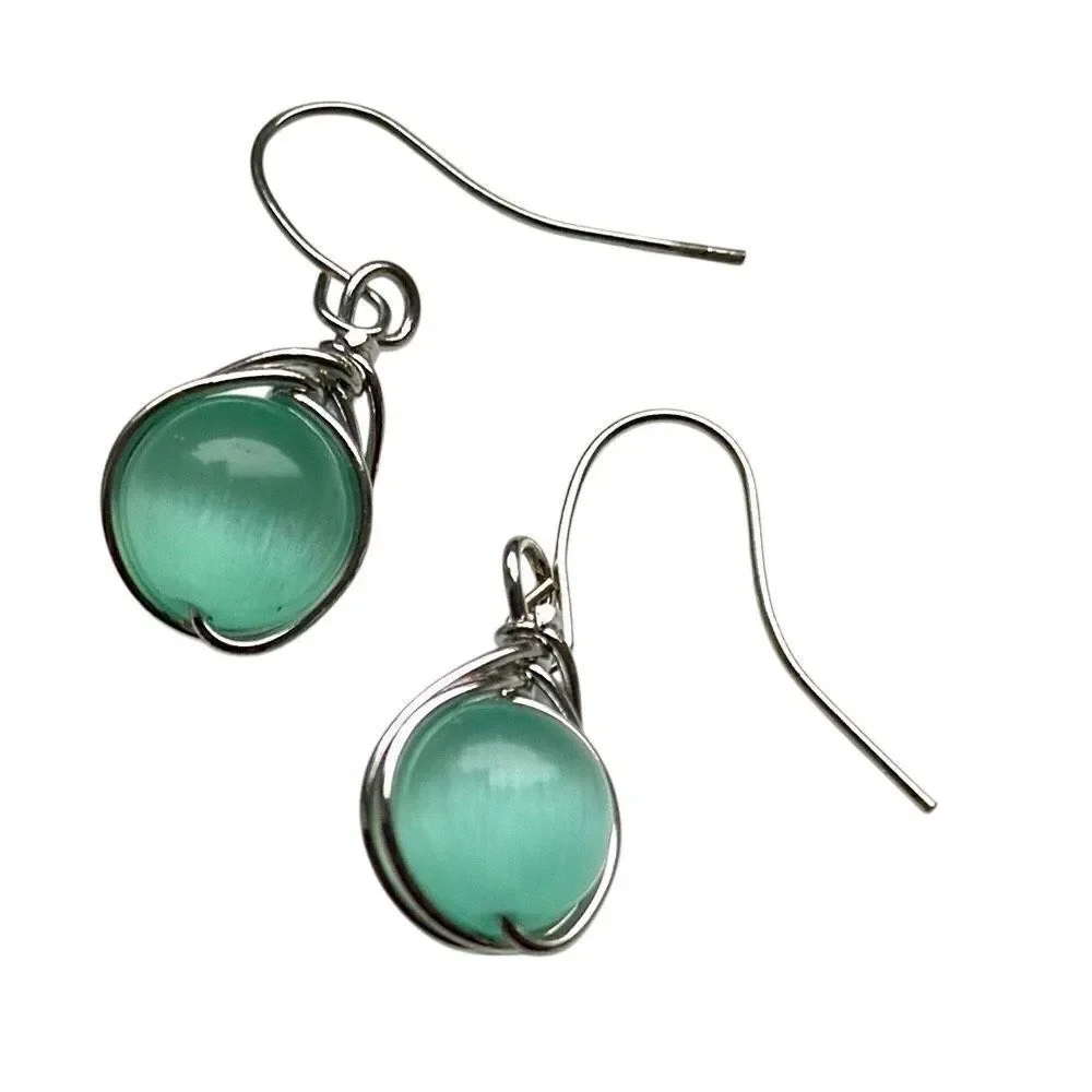 Seafoam Glass Orb Drop Earrings, Minimalist Wire Wrap with Keepsake Pouch